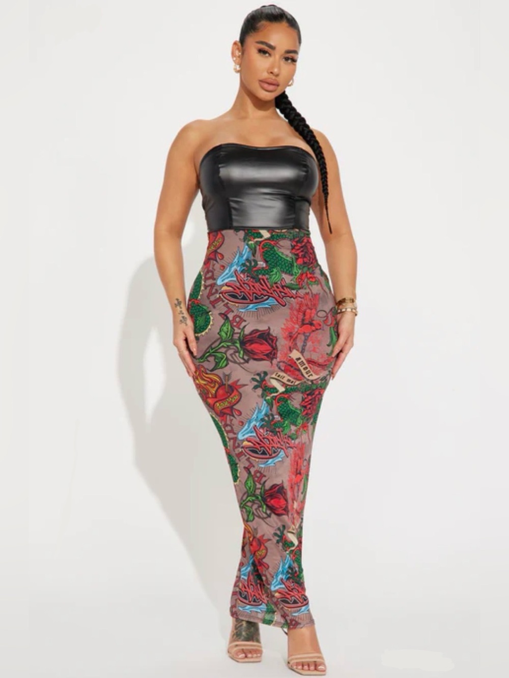 Sheer Graphic Tattoo Print Maxi Dress Strapless Bodycon. Size 1X